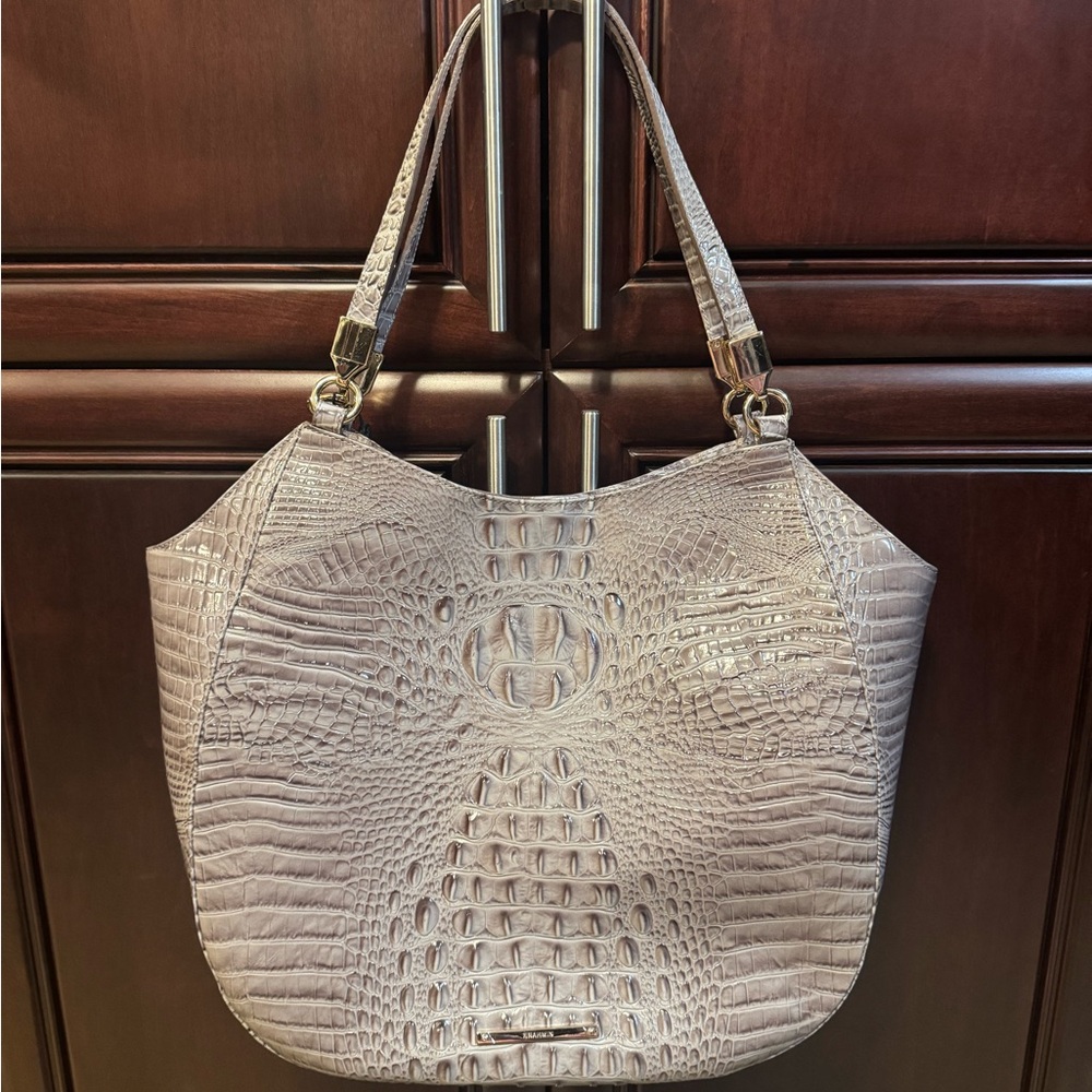Brahmin Crocodile-Embossed Thelma Shoulder Bag in Gray